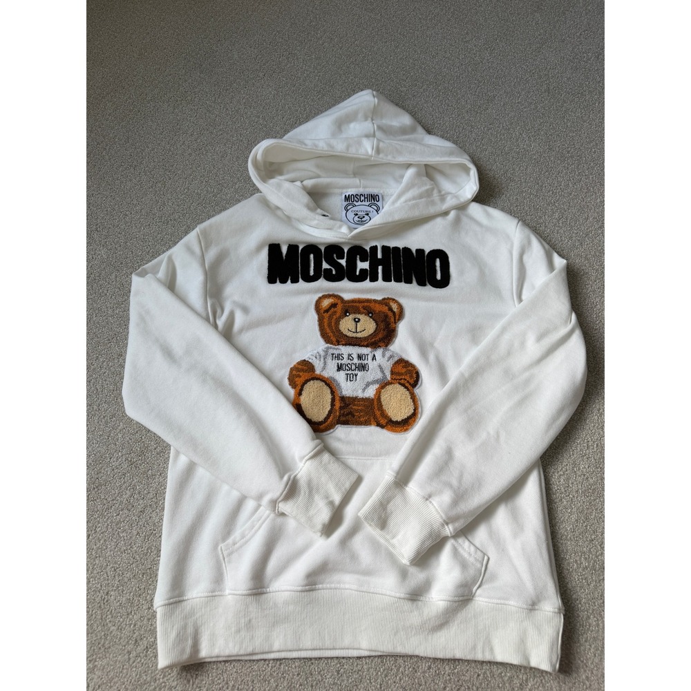 Moschino Hoodie Mens Size L White Teddy Bear Chenille Long Sleeve Pullover
